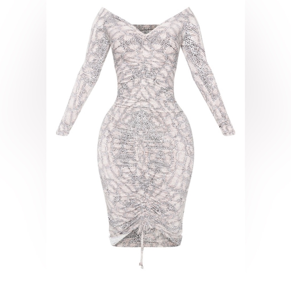 PrettyLittleThing Snake Print Slinky Ruched Bardot Midi Dress Women’s Size 12